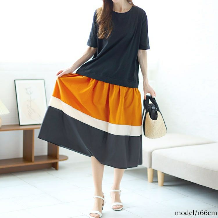 大きいサイズ レディース 配色切替えロングワンピース　goldy-1460 【メール便可】