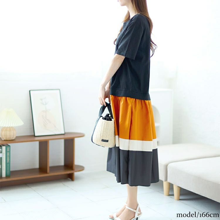 大きいサイズ レディース 配色切替えロングワンピース　goldy-1460 【メール便可】