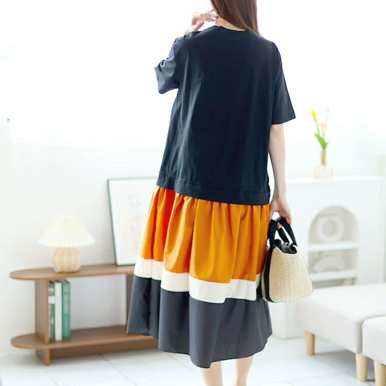 大きいサイズ レディース 配色切替えロングワンピース　goldy-1460 【メール便可】