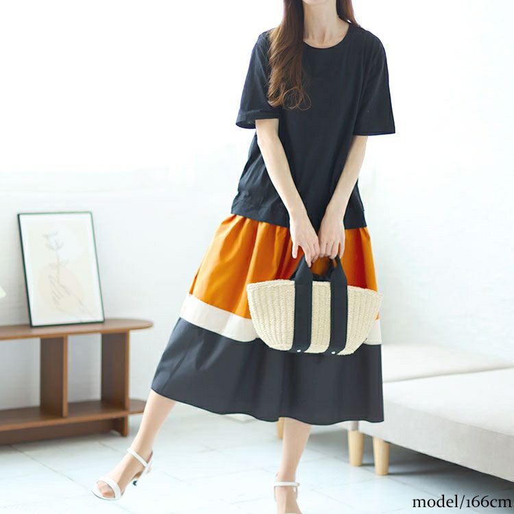 大きいサイズ レディース 配色切替えロングワンピース　goldy-1460 【メール便可】