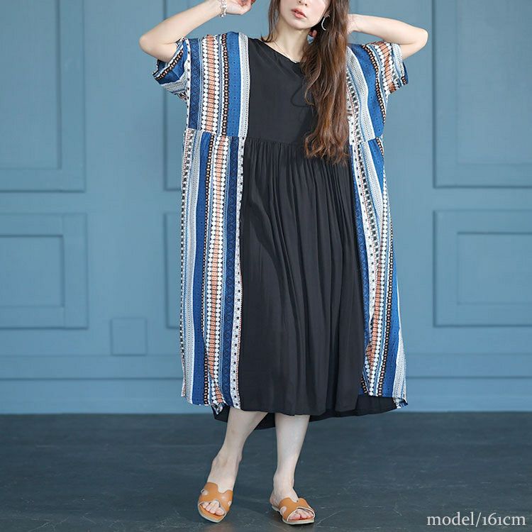 大きいサイズ レディース エスニック柄切替えギャザーワンピース　goldy-1483 【メール便可】