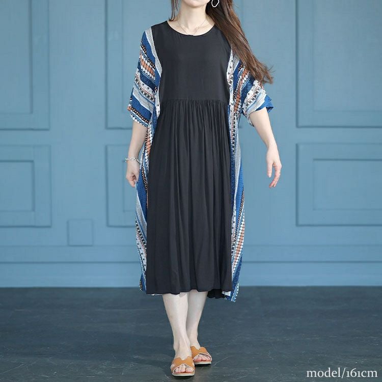 大きいサイズ レディース エスニック柄切替えギャザーワンピース　goldy-1483 【メール便可】
