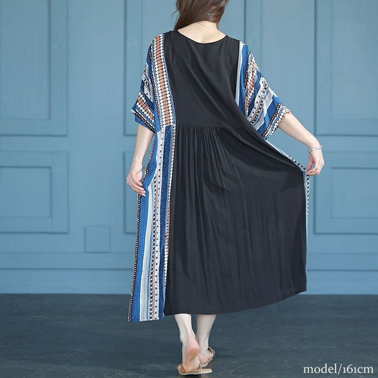 大きいサイズ レディース エスニック柄切替えギャザーワンピース　goldy-1483 【メール便可】