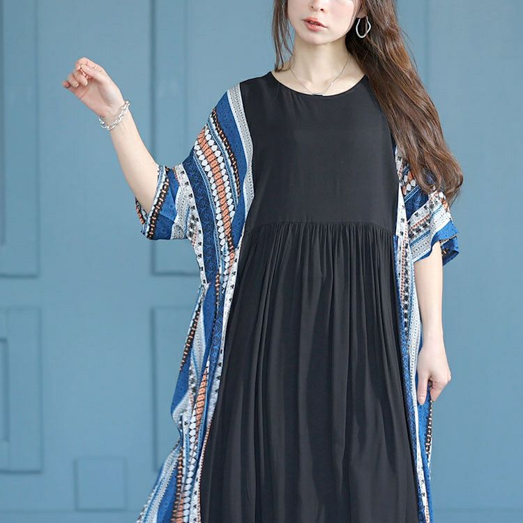 大きいサイズ レディース エスニック柄切替えギャザーワンピース　goldy-1483 【メール便可】