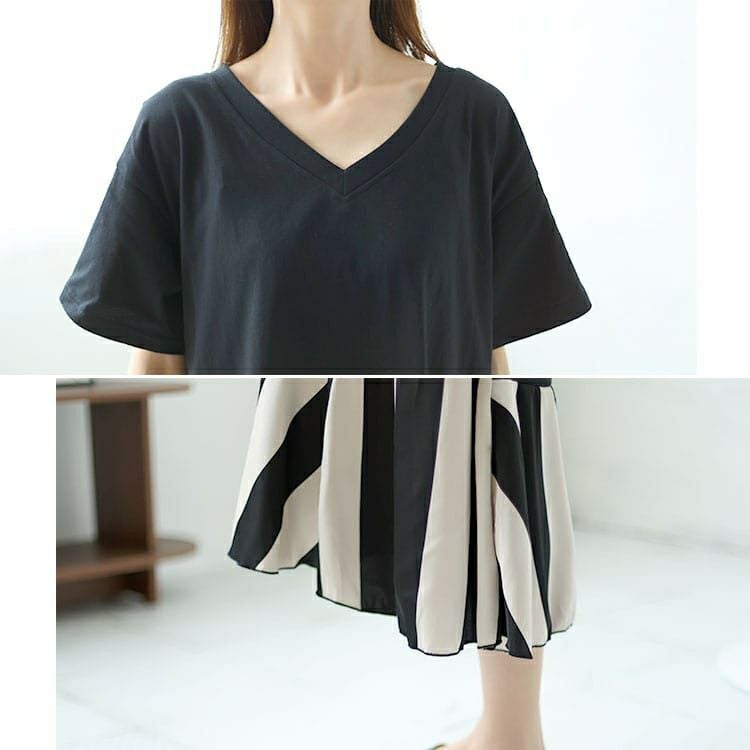 大きいサイズ レディース ストライプ切替えロングワンピース　goldy-1458【メール便可】