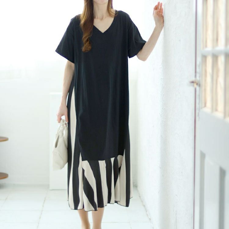 大きいサイズ レディース ストライプ切替えロングワンピース　goldy-1458【メール便可】