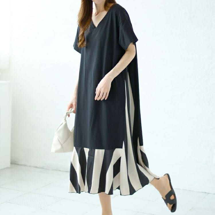 大きいサイズ レディース ストライプ切替えロングワンピース　goldy-1458【メール便可】