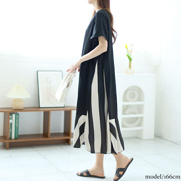 大きいサイズ レディース ストライプ切替えロングワンピース　goldy-1458【メール便可】