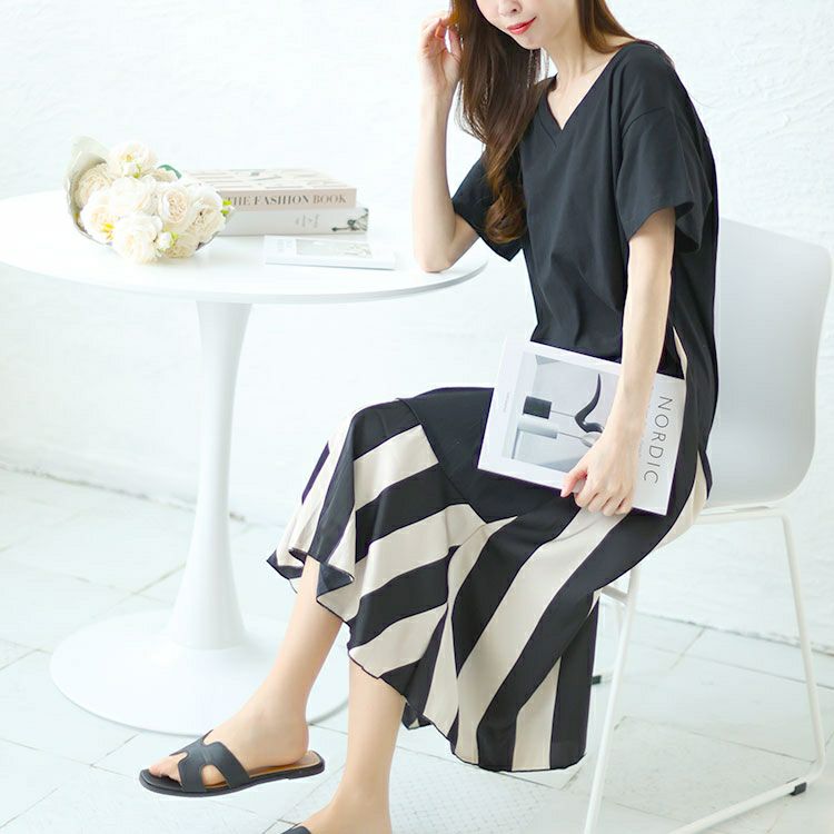 大きいサイズ レディース ストライプ切替えロングワンピース　goldy-1458【メール便可】