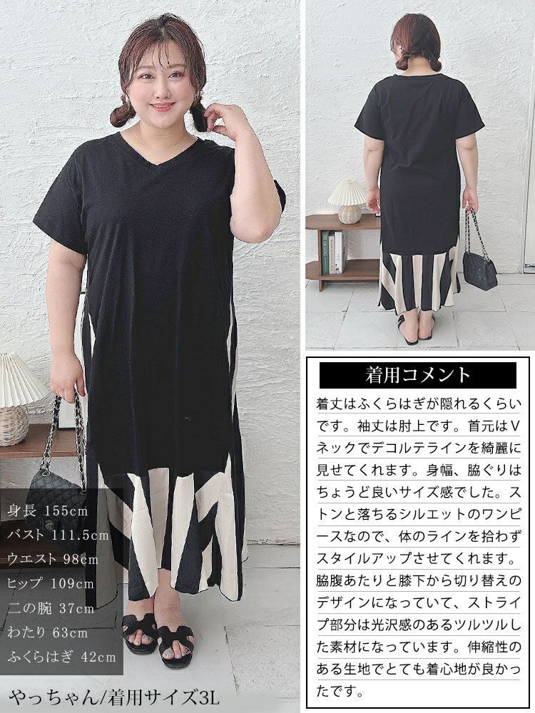 大きいサイズ レディース ストライプ切替えロングワンピース　goldy-1458【メール便可】