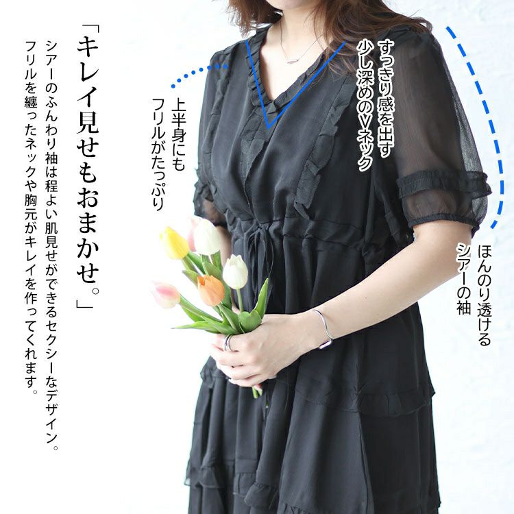 大きいサイズ レディース Vネックティアードフリルワンピース　goldy-1462