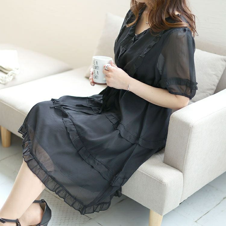 大きいサイズ レディース Vネックティアードフリルワンピース　goldy-1462