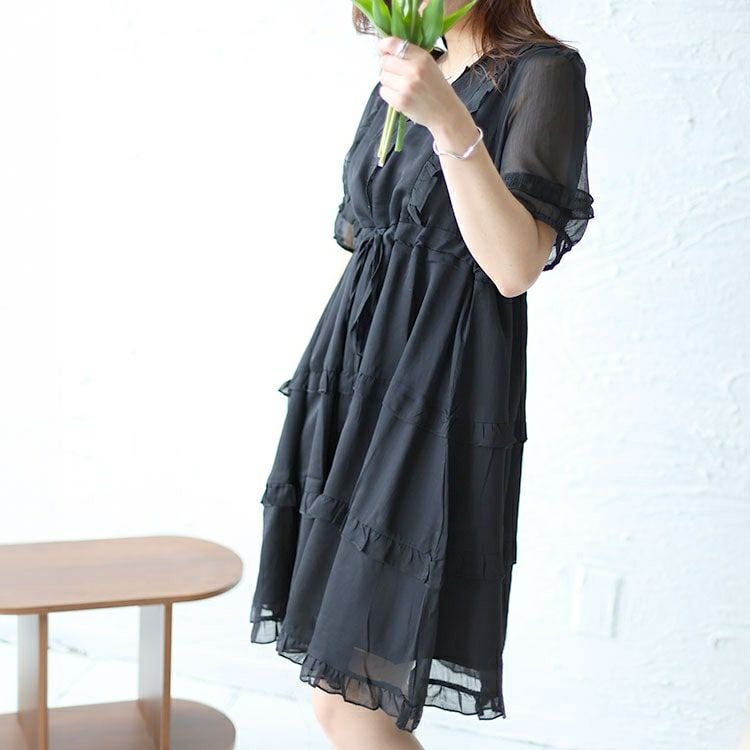 大きいサイズ レディース Vネックティアードフリルワンピース　goldy-1462