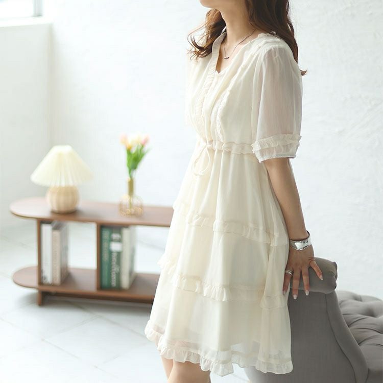 大きいサイズ レディース Vネックティアードフリルワンピース　goldy-1462