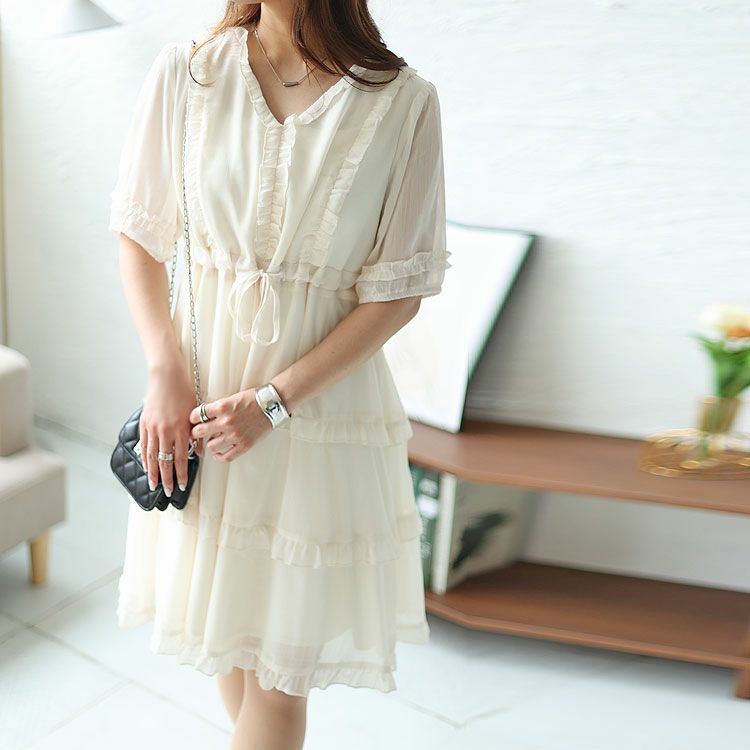 大きいサイズ レディース Vネックティアードフリルワンピース　goldy-1462