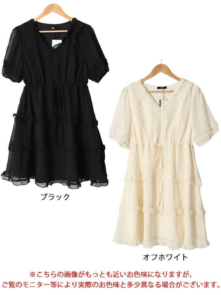 大きいサイズ レディース Vネックティアードフリルワンピース　goldy-1462