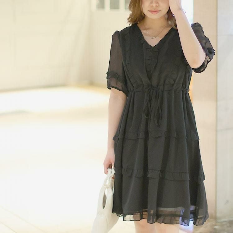 大きいサイズ レディース Vネックティアードフリルワンピース　goldy-1462 ブラック