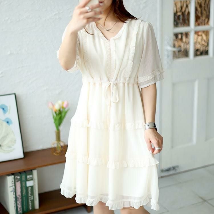 大きいサイズ レディース Vネックティアードフリルワンピース　goldy-1462 オフホワイト