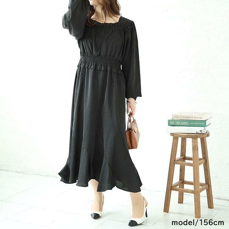 大きいサイズ レディース バックリボンエスカルゴワンピース　fem-412 ブラック