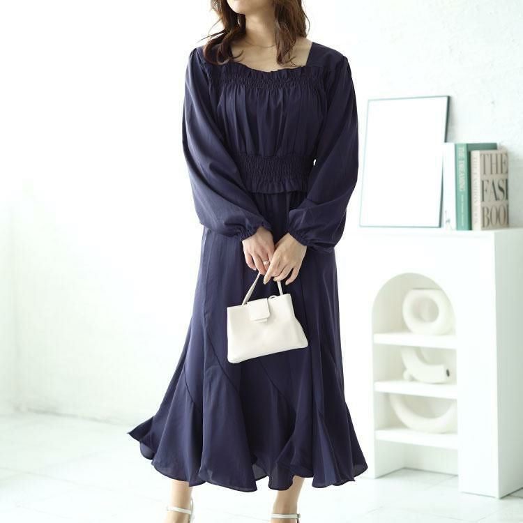 大きいサイズ レディース バックリボンエスカルゴワンピース　fem-412 ネイビー