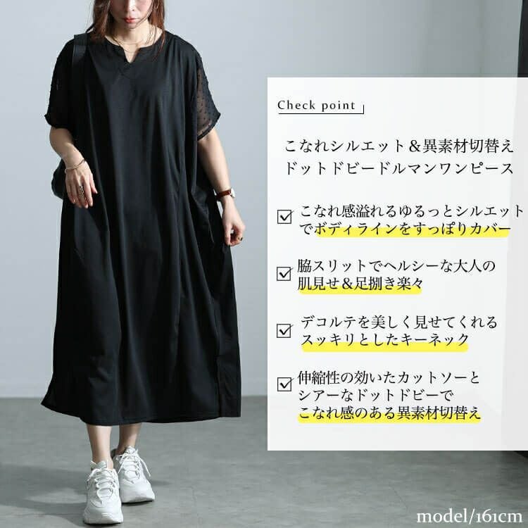 大きいサイズ レディース ドットドビー切替えドルマンワンピース　fem-465