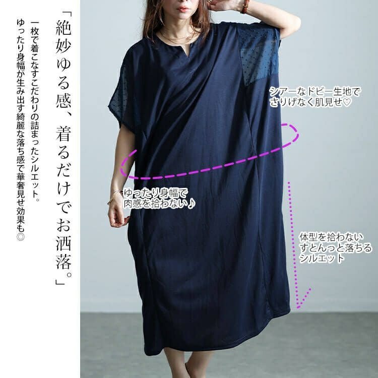 大きいサイズ レディース ドットドビー切替えドルマンワンピース　fem-465