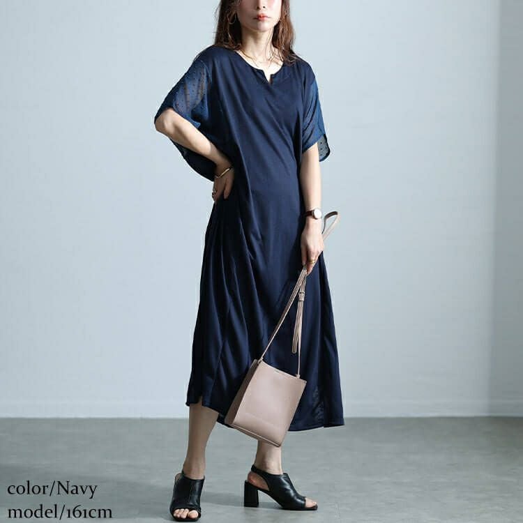 大きいサイズ レディース ドットドビー切替えドルマンワンピース　fem-465