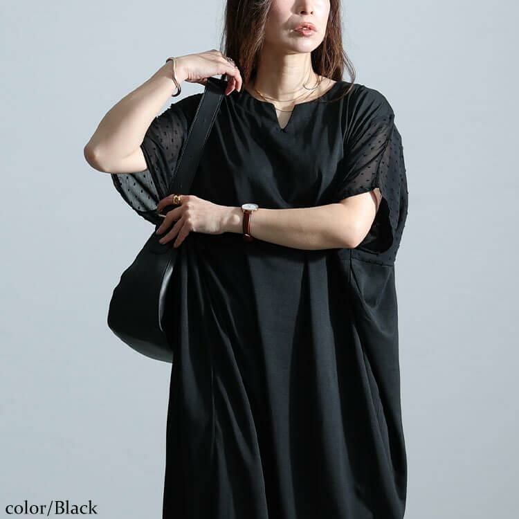 大きいサイズ レディース ドットドビー切替えドルマンワンピース　fem-465 ブラック
