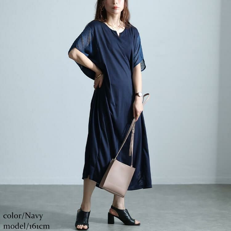 大きいサイズ レディース ドットドビー切替えドルマンワンピース　fem-465 ネイビー