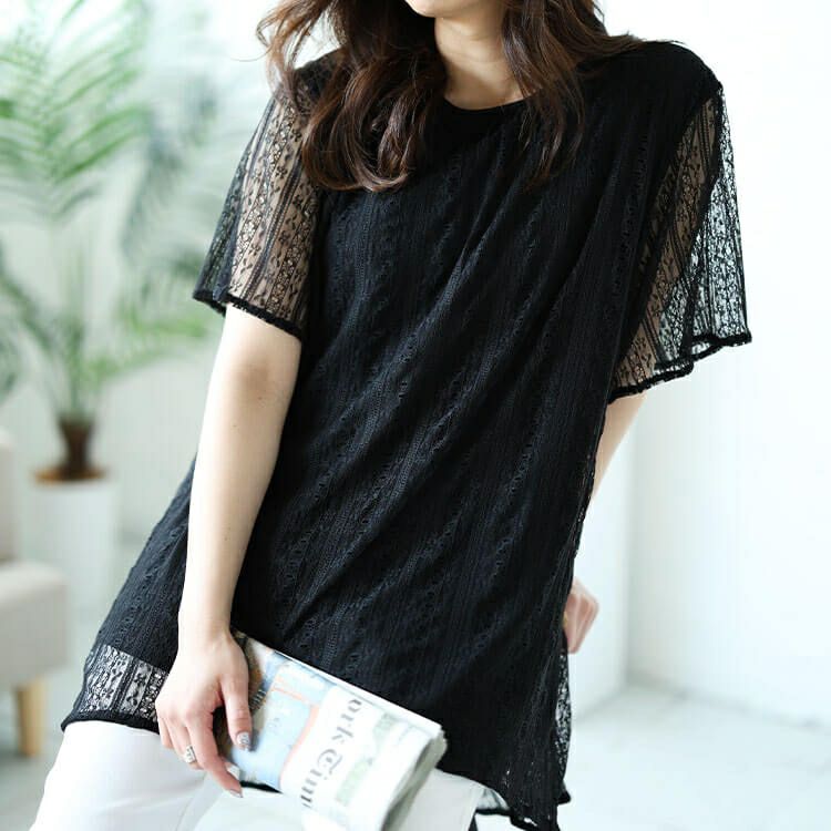 大きいサイズ レディース フラワーストライプレースフェイクレイヤードチュニック　cast-5544011 【メール便可】