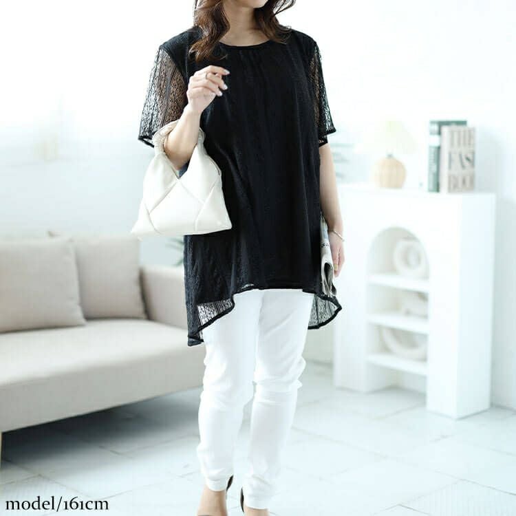 大きいサイズ レディース フラワーストライプレースフェイクレイヤードチュニック　cast-5544011 【メール便可】