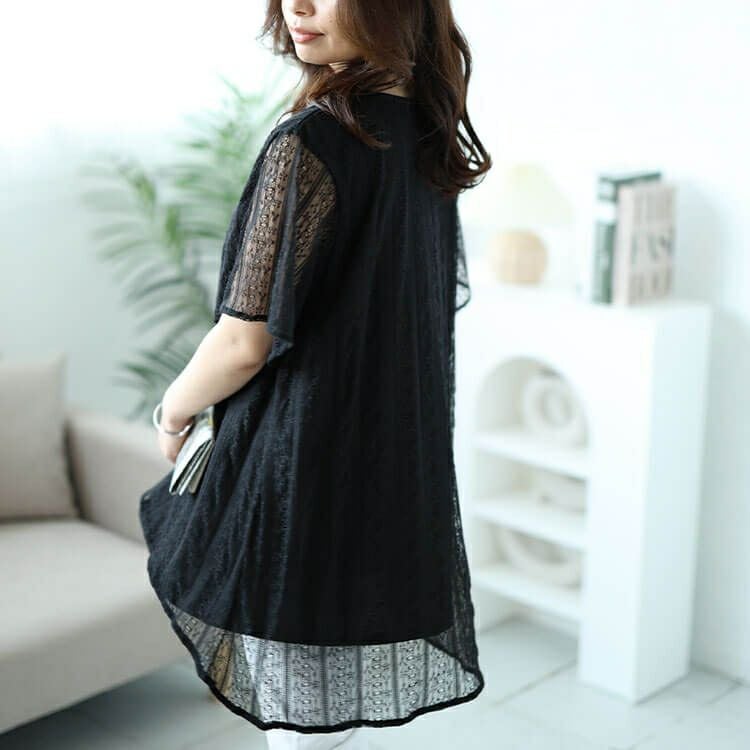 大きいサイズ レディース フラワーストライプレースフェイクレイヤードチュニック　cast-5544011 【メール便可】