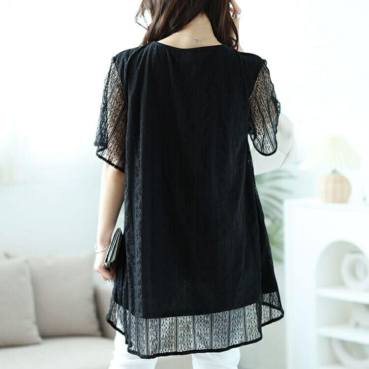 大きいサイズ レディース フラワーストライプレースフェイクレイヤードチュニック　cast-5544011 【メール便可】