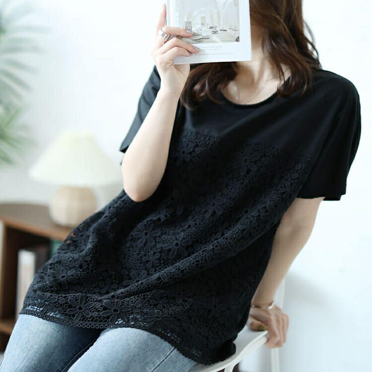 大きいサイズ レディース フラワーレース切替えドルマンプルオーバー　cast-5544024 【メール便可】