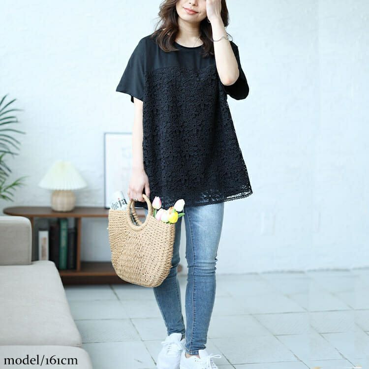 大きいサイズ レディース フラワーレース切替えドルマンプルオーバー　cast-5544024 【メール便可】