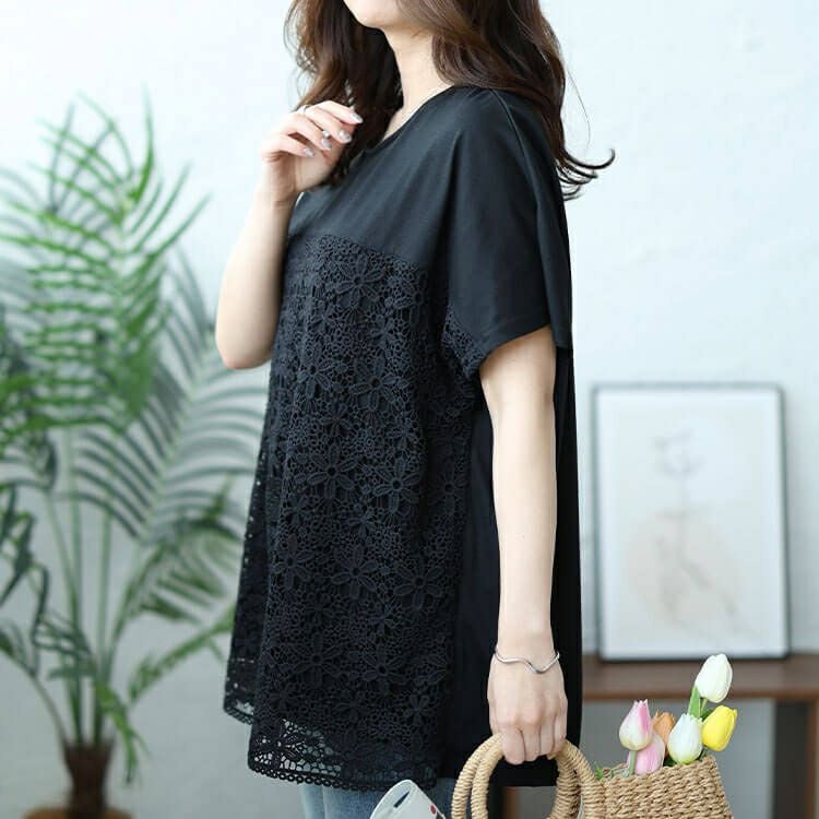 大きいサイズ レディース フラワーレース切替えドルマンプルオーバー　cast-5544024 【メール便可】