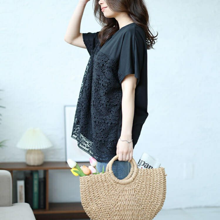 大きいサイズ レディース フラワーレース切替えドルマンプルオーバー　cast-5544024 【メール便可】