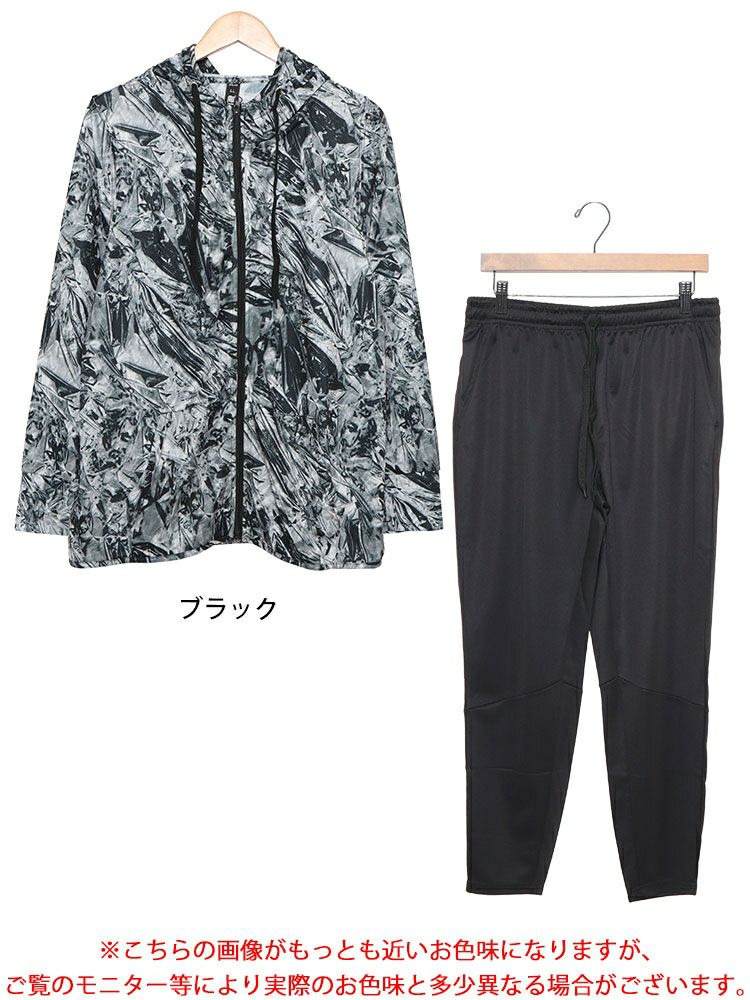 大きいサイズ レディース スモーク柄吸汗速乾ドライ指穴ジップパーカー＆テーパードパンツ2点セット　big-0002