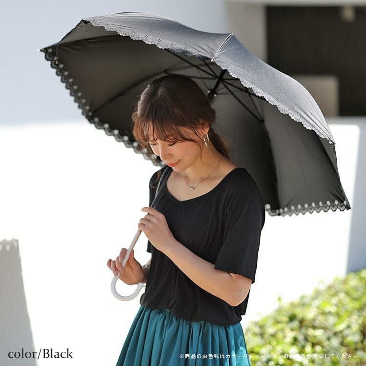 大きいサイズ レディース UV99％カットスイートフラワー58cm晴雨兼用傘　map-914053 ブラック