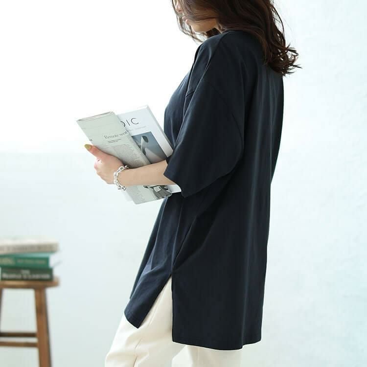 大きいサイズ レディース サイドスリットビッグTシャツ　map-27 ブラック