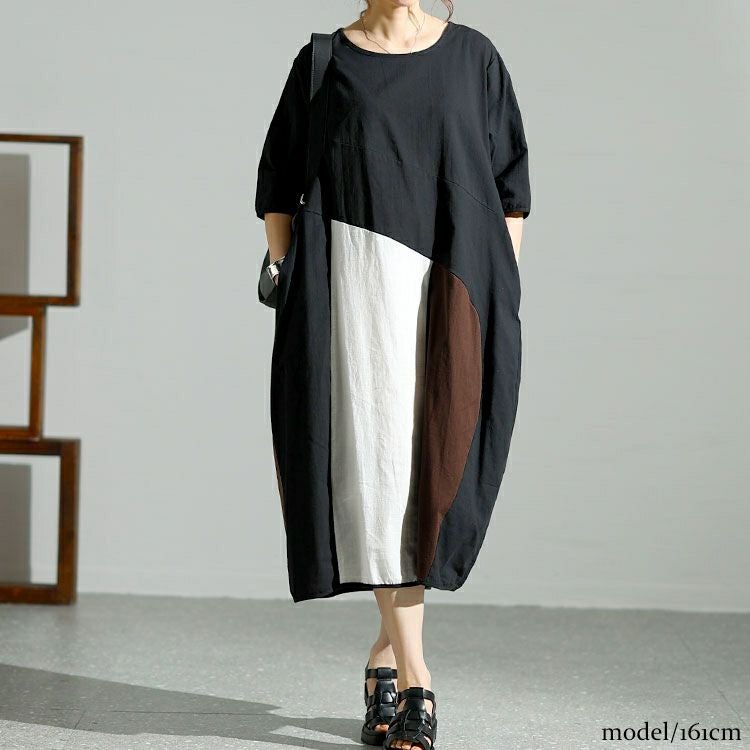 大きいサイズ レディース 配色切替えバルーンワンピース　goldy-1474 【メール便可】