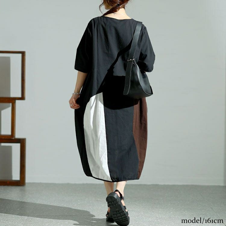 大きいサイズ レディース 配色切替えバルーンワンピース　goldy-1474 【メール便可】