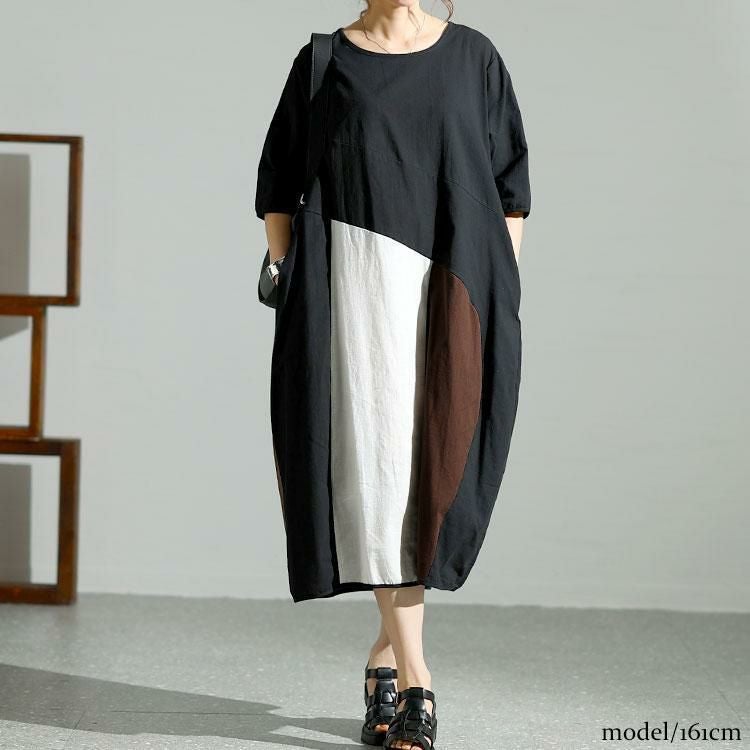 大きいサイズ レディース 配色切替えバルーンワンピース　goldy-1474 【メール便可】 ブラック