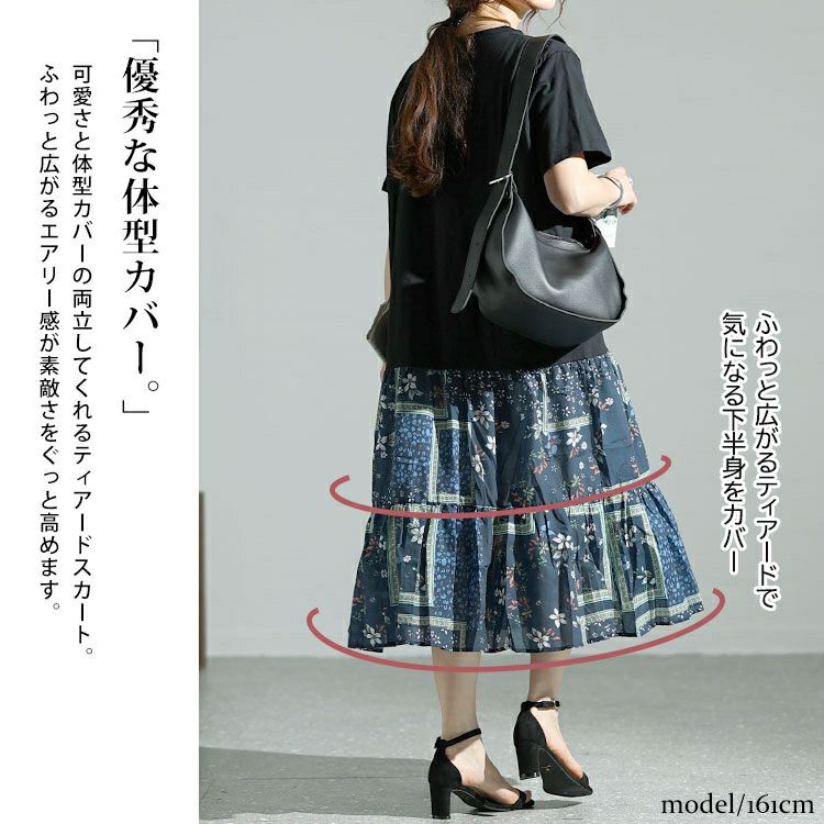 大きいサイズ レディース 花柄切替えティアードワンピース　goldy-1472