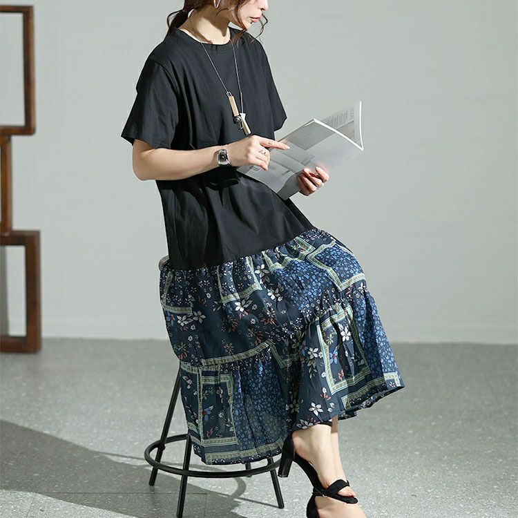 大きいサイズ レディース 花柄切替えティアードワンピース　goldy-1472