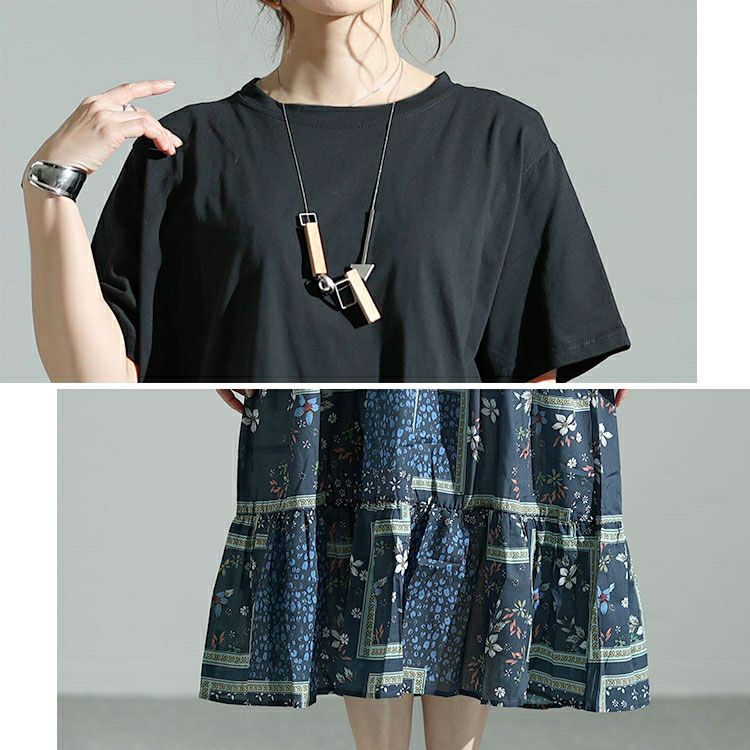 大きいサイズ レディース 花柄切替えティアードワンピース　goldy-1472