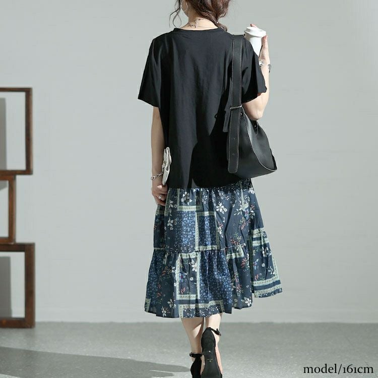 大きいサイズ レディース 花柄切替えティアードワンピース　goldy-1472