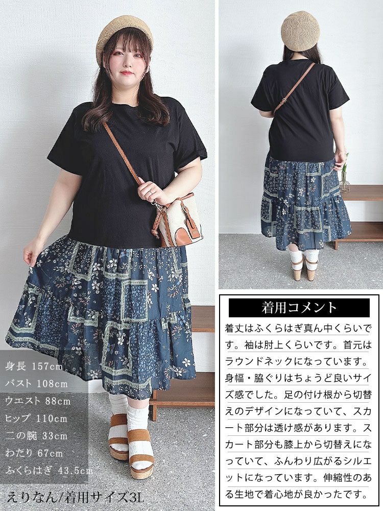 大きいサイズ レディース 花柄切替えティアードワンピース　goldy-1472