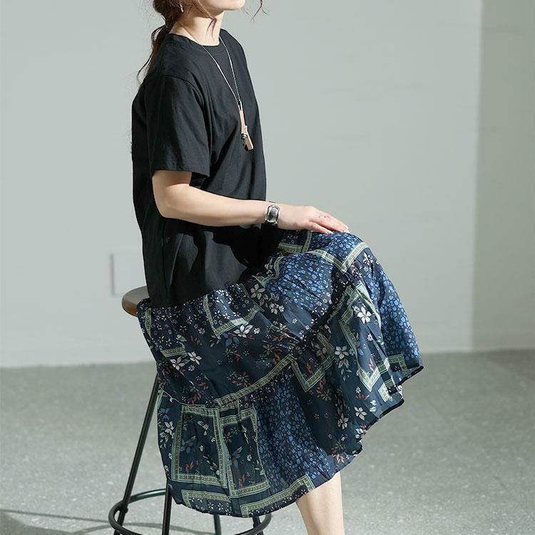 大きいサイズ レディース 花柄切替えティアードワンピース　goldy-1472 ブラック