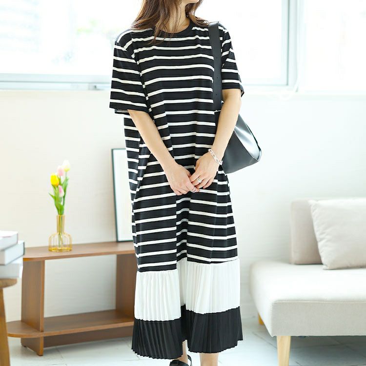 大きいサイズ レディース 裾プリーツ切替えワンピース　goldy-1466 【メール便可】